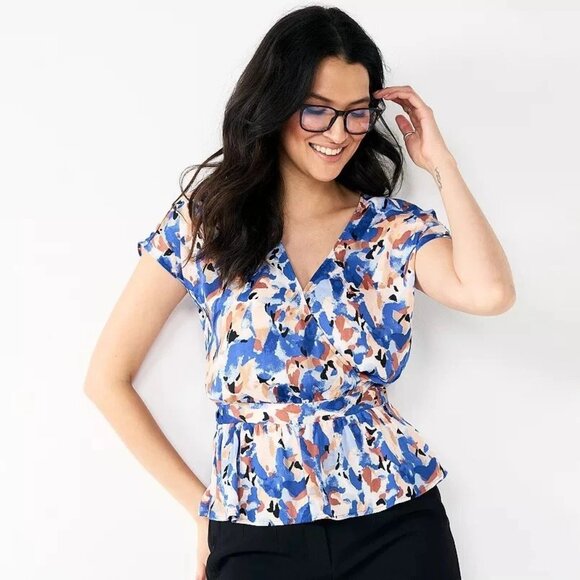 NWT Nine West Size XL Multi-Color Abstract Print Satin V-Neck Peplum Wrap Top - Picture 1 of 11